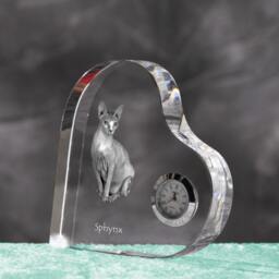 Sphynx Cat - Crystal Clock in The Shape Of A Heart With Image Pure-Bred Cat - thumbnail 2