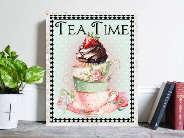 Tea Time Kitchen Metal Sign - Vintage Shabby Chic Wall Decor Home Cafe Bar Gift - image 1