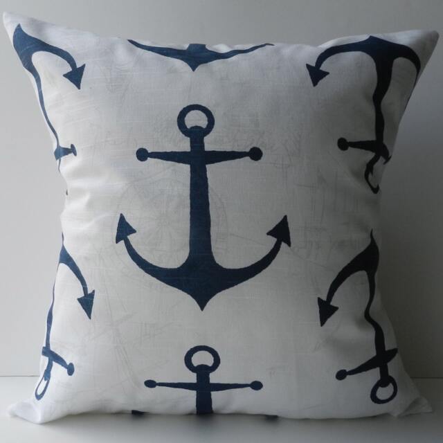 New 18x18 Inch Designer Handmade Pillow Case in Navy, Grey & White Nautical Pattern