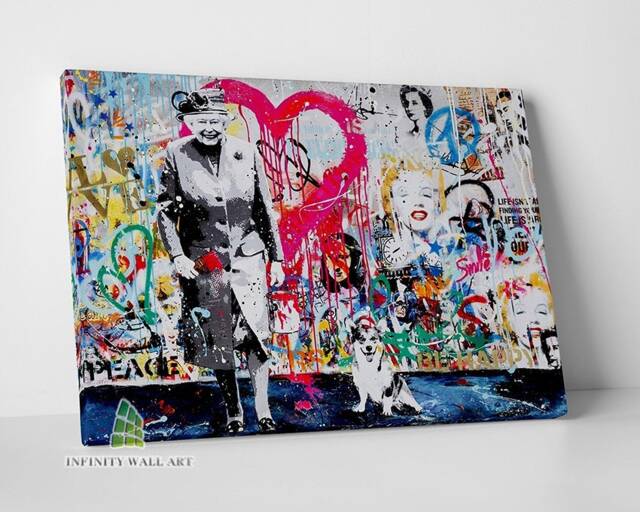 Queen Elizabeth & Corgi Dog Graffiti Canvas Art Wall Print Picture Banksy Style Framed Home Decor -D319 - image 1