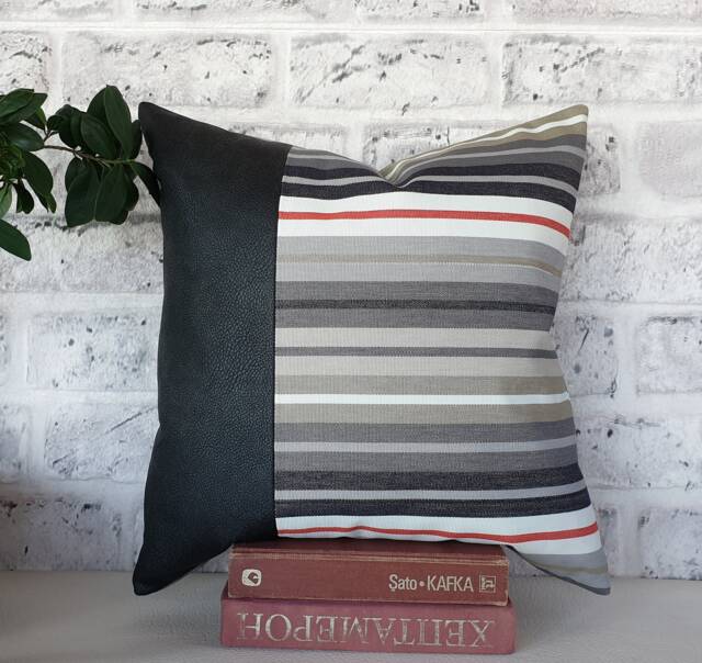 Black Faux Leather Pillow Cover Gray Striped Cotton Weaving - image 1