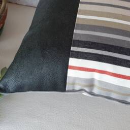 Black Faux Leather Pillow Cover Gray Striped Cotton Weaving - thumbnail 2
