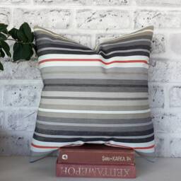 Black Faux Leather Pillow Cover Gray Striped Cotton Weaving - thumbnail 3