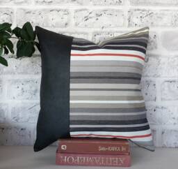 Black Faux Leather Pillow Cover Gray Striped Cotton Weaving - thumbnail 1