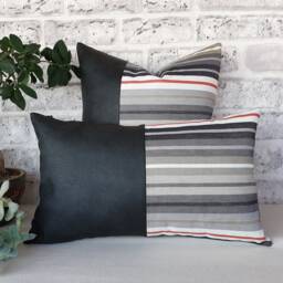 Black Faux Leather Pillow Cover Gray Striped Cotton Weaving - thumbnail 4