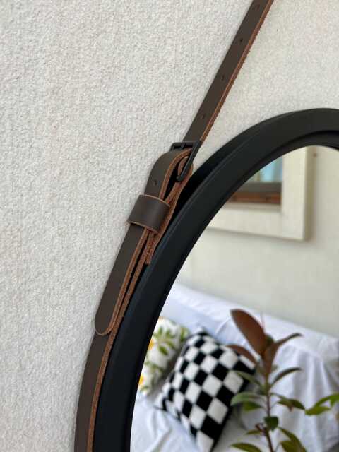 Black Frame Leather Mirror For Bathroom, Wood Framed Large Wall Mirror, Round Decor, Leather Strap Wood Bathroom - image 1