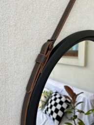 Black Frame Leather Mirror For Bathroom, Wood Framed Large Wall Mirror, Round Decor, Leather Strap Wood Bathroom - thumbnail 1