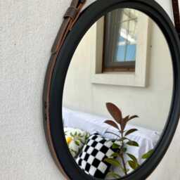 Black Frame Leather Mirror For Bathroom, Wood Framed Large Wall Mirror, Round Decor, Leather Strap Wood Bathroom - thumbnail 3