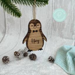 Personalized Penguin Christmas Bauble Oak Veneer Decoration - thumbnail 2