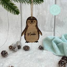 Personalized Penguin Christmas Bauble Oak Veneer Decoration - thumbnail 1