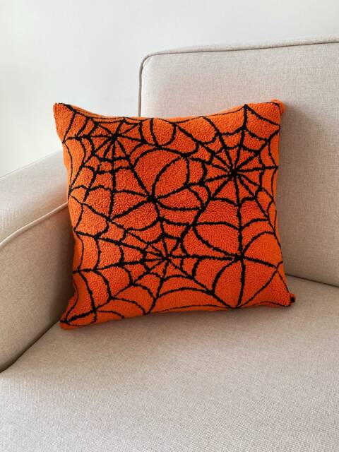 Hand Tufted Halloween Pillow Cover, Spider Web Embroidered Cushion Cover, Fall Holiday Home Decor Rug, Ghost Spooky Season Gifts, 16x16 Pillow - image 1