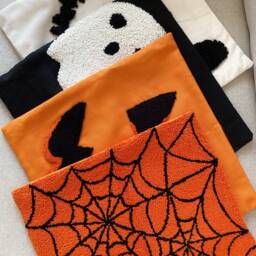 Hand Tufted Halloween Pillow Cover, Spider Web Embroidered Cushion Cover, Fall Holiday Home Decor Rug, Ghost Spooky Season Gifts, 16x16 Pillow - thumbnail 4