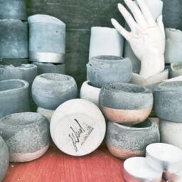 Round Charcoal Colored Concrete Votive Tea Light Candle Holder Vessel Catchall With Gold Leaf - thumbnail 2