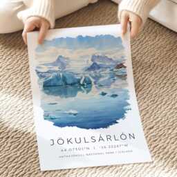 Iceland Travel Poster, Print Of J??kuls??rl??n, Map Coordinates, Gift, Watercolour Print, Wall Decor - thumbnail 2