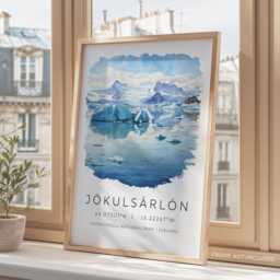 Iceland Travel Poster, Print Of J??kuls??rl??n, Map Coordinates, Gift, Watercolour Print, Wall Decor - thumbnail 3