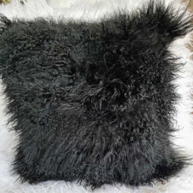 Large Sheepskin Fur Cushion Cover Mongolian Black - image 1