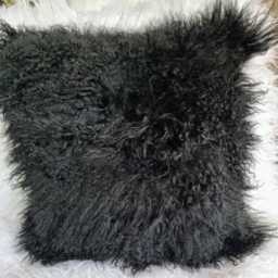 Large Sheepskin Fur Cushion Cover Mongolian Black - thumbnail 1