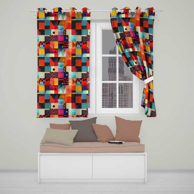 Abstract Vibrant Mixed Pattern Squares Mosaic Seamless Readymade Eyelet Ring Top Thermal 100% Blackout Curtains - image 1