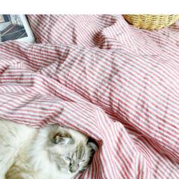 Set Of 4 Stone Washed 100% Linen Bedding, Red & White Stripe - thumbnail 2