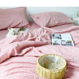 Set Of 4 Stone Washed 100% Linen Bedding, Red & White Stripe - thumbnail 3
