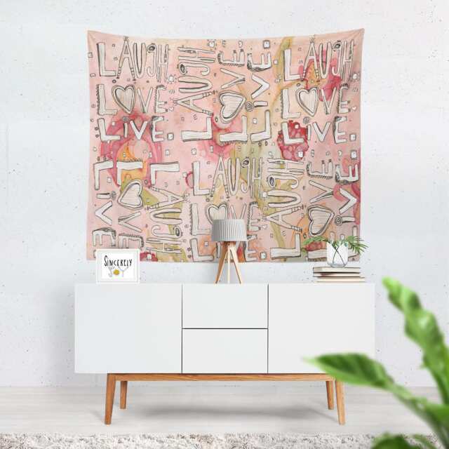 Laugh Love Live Tapestry Inspirational Art Boho Abstract Shabby Chic Wall Hanging Watercolor Mixed Media - image 1
