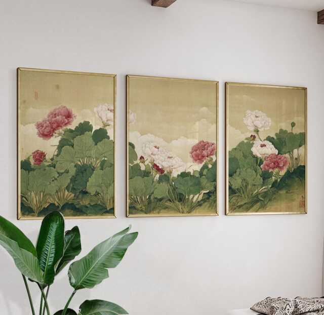 Vintage Peony Botanical Wall Art Posters - Traditional Floral Triptych Set Of 3 - image 1