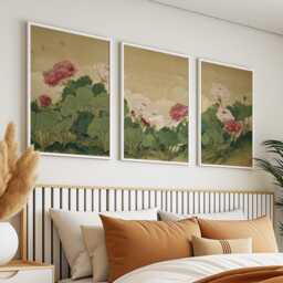 Vintage Peony Botanical Wall Art Posters - Traditional Floral Triptych Set Of 3 - thumbnail 2