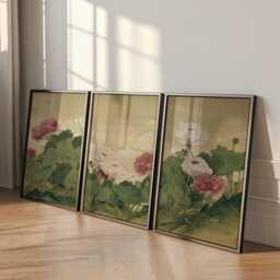 Vintage Peony Botanical Wall Art Posters - Traditional Floral Triptych Set Of 3 - thumbnail 3