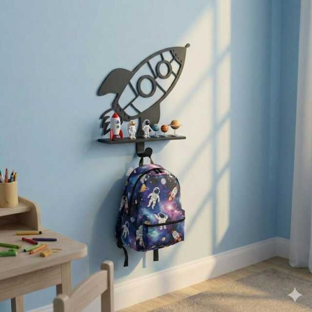 Spaceship Shelf With Backpack Hook - Outer Space Nursery Wall Decor For Toys & Books Rocket Kids Room Organizer - image 1