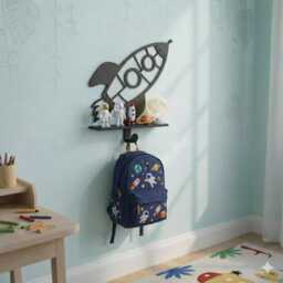 Spaceship Shelf With Backpack Hook - Outer Space Nursery Wall Decor For Toys & Books Rocket Kids Room Organizer - thumbnail 3