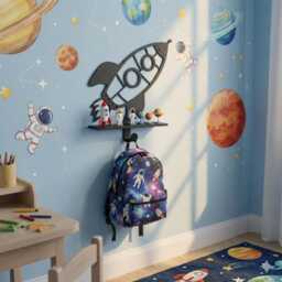 Spaceship Shelf With Backpack Hook - Outer Space Nursery Wall Decor For Toys & Books Rocket Kids Room Organizer - thumbnail 2
