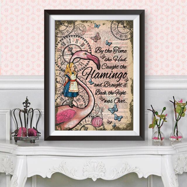 Alice in Wonderland Poster Print. & The Pink Flamingo Wall Decor Antique Dictionary Book Page Background. Reproduction Large Poster - image 1