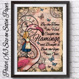 Alice in Wonderland Poster Print. & The Pink Flamingo Wall Decor Antique Dictionary Book Page Background. Reproduction Large Poster - thumbnail 2