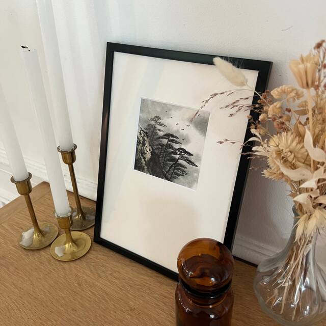 Framed Japanese Print Painting - Zen Wall Art Mountainous Landscape in Ink - image 1