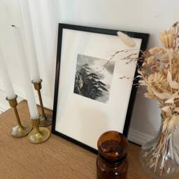 Framed Japanese Print Painting - Zen Wall Art Mountainous Landscape in Ink - thumbnail 1