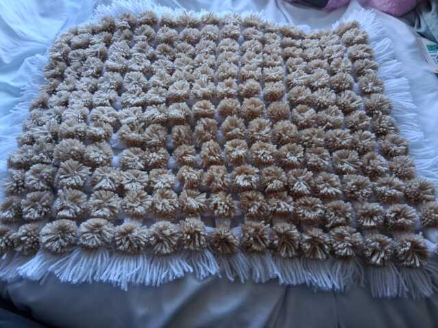 Handmade Loom Pom Baby Blanket Pram Topper - Latte/White Border 60x50 cms Approx. - Including Fringing - image 1