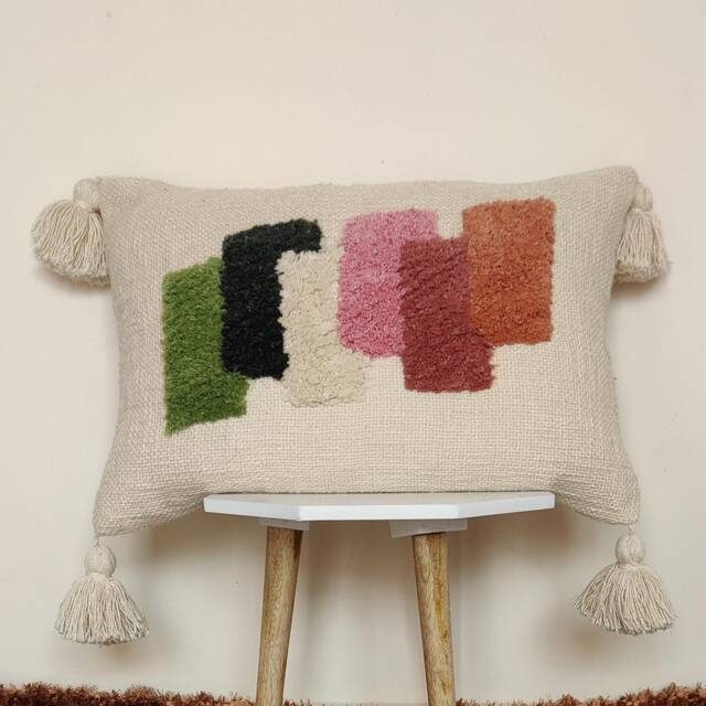 Embroidered Cotton Throw Pillow Cover Multi Color Tufted Tassel Lumbar - image 1