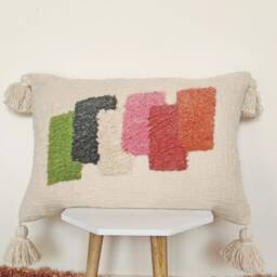Embroidered Cotton Throw Pillow Cover Multi Color Tufted Tassel Lumbar - thumbnail 3