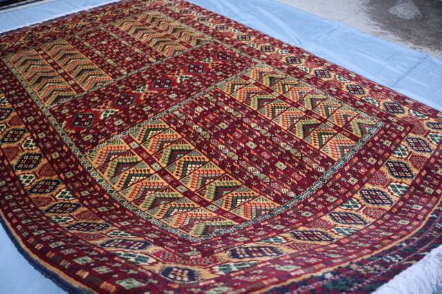 Yellow 7x10 Ft Turkmen Parda Bukhara Rug, Afghan Hand Knotted Wool Area Rug, Tribal Turkoman Oriental Bedroom Living Room Rug - image 1