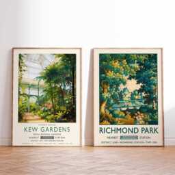 Kew Gardens & Richmond Park Poster Set, Vintage London Travel Prints, British Wall Art, Botanical Garden Print, Landscape Decor - thumbnail 1