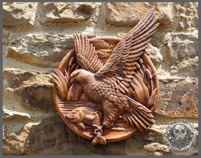 Iroko Wood Carving Plaque, Eagle Fishing, Rustic Hunter Cabin Decor - image 1