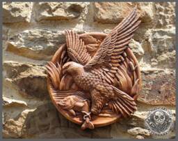 Iroko Wood Carving Plaque, Eagle Fishing, Rustic Hunter Cabin Decor
