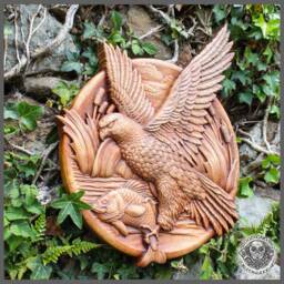 Iroko Wood Carving Plaque, Eagle Fishing, Rustic Hunter Cabin Decor - thumbnail 2
