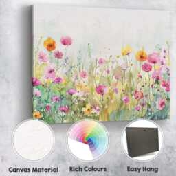Pink & Yellow Wildflower Watercolour Garden Landscape Canvas Wall Art Print Decor Picture Ready To Hang - thumbnail 2