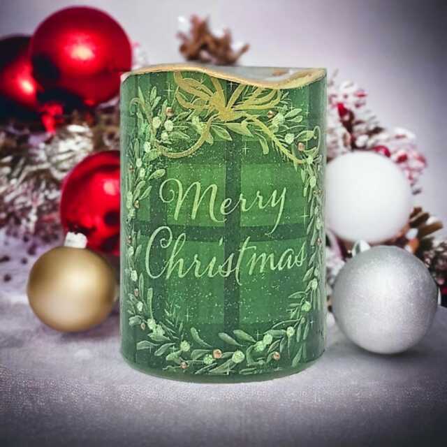 Tartan Christmas Wreath Led Candle Vanilla Scented Holiday Decor - image 1