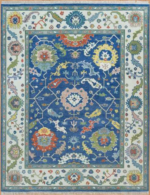 Handmade Wool Oushak Rug, Blue Floral Area Carpet Ar_3667 - image 1