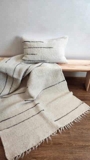 Boho Cream Ivory Wool Rug & Cushion Set, Hand-Knotted Striped Runner With Matching Square Pillow, Cozy Living Room Decor, Gift For Mother - image 1