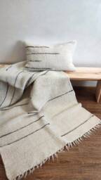 Boho Cream Ivory Wool Rug & Cushion Set, Hand-Knotted Striped Runner With Matching Square Pillow, Cozy Living Room Decor, Gift For Mother - thumbnail 1