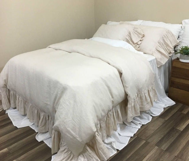 Cream Linen Duvet Cover With Mermaid Long Ruffles, Sumptuous Soft, All Sizes - image 1