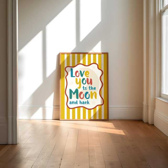 Love You To The Moon, Nursery Quote, Cool Kids Print, Playroom Decor, Boys Bedroom, Retro Stripe, Toddler Wall Art, Girls Room, Red Yellow - image 1